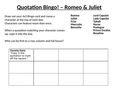 Romeo & Juliet Quotation Bingo Revision