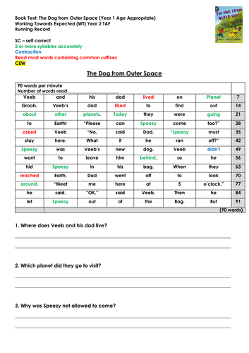 Year 2 Moderation Reading Working Towards The Dog from Outer Space TAF Moderation Support
