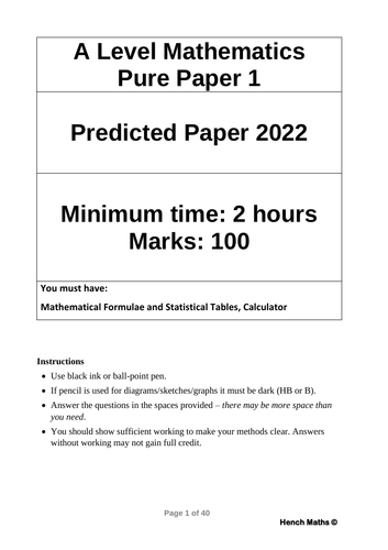 A Level Maths Predicted Paper 2022 - Pure Paper 1 - Edexcel
