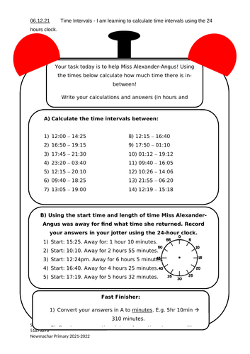 time intervals worksheet