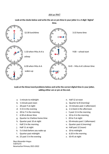 AM or PM? worksheet