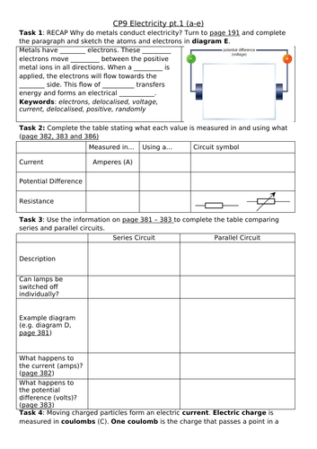 CP9a - CP9e Electricity Revision Sheet pt.1 (Edexcel Combined Science Physics Foundation)