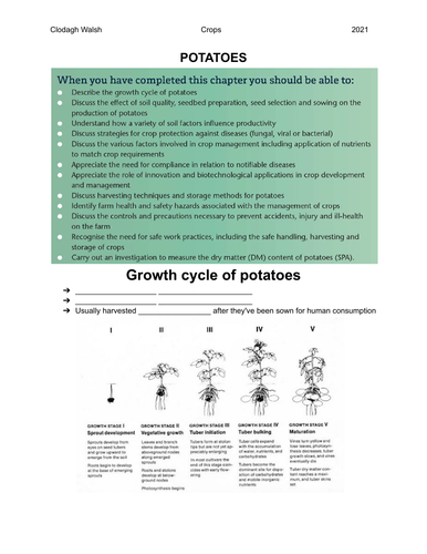 POTATOES- Leaving Cert Ag Science Notes with Fillable Student notes including exam questions
