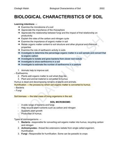 FULL NOTES - Biological Characteristics of Soil Leaving Cert Ag Science