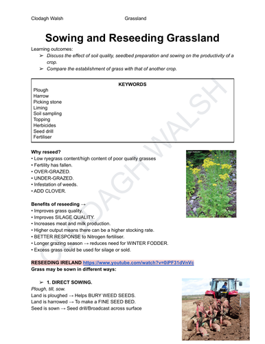 FULL NOTES - Sowing and Reseeding of grassland Leaving Cert Ag Science New Course