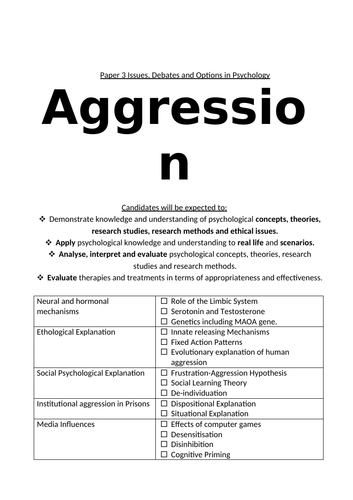 Aggression Student Friendly Specification AQA Paper 3