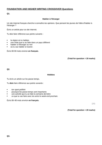 GCSE Edexcel French Writing 80-90 words collection of questions