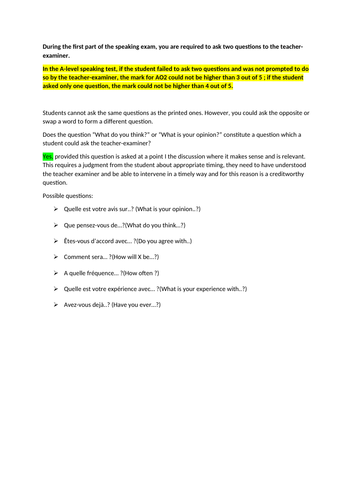 French A level Speaking card stimulus- Asking questions to the examiner