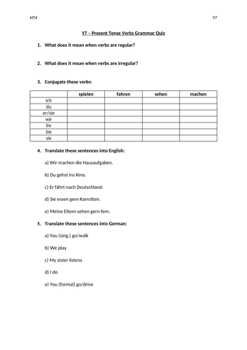 Y7 German - Present Tense Grammar Quiz