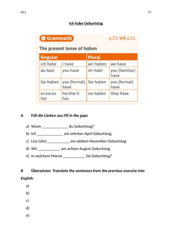 Y7 German - Ich habe Geburtstag