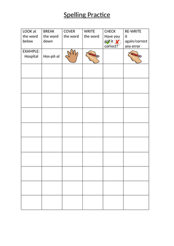 Spelling Sheet - LOOK, BREAK, COVER, WRITE, CHECK, RE-WRITE