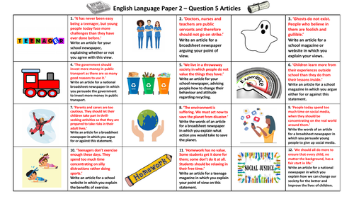 AQA English Language Paper 2 Question 5 - 12 Exemplar Article Questions (2022 exam only)