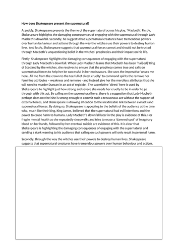 Macbeth GCSE guided essay on theme of supernatural - I do We do You do worksheet