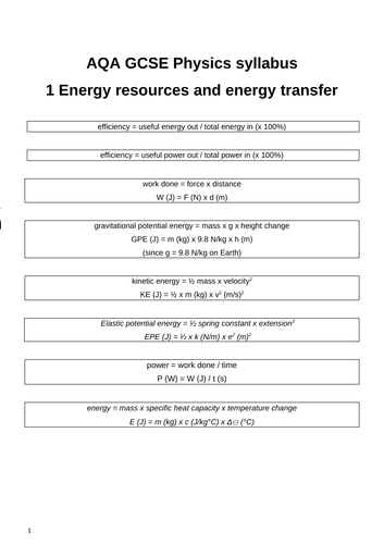 GCSE Physics - Revision notes - Chapter 1 Energy transfers, calculations and resources