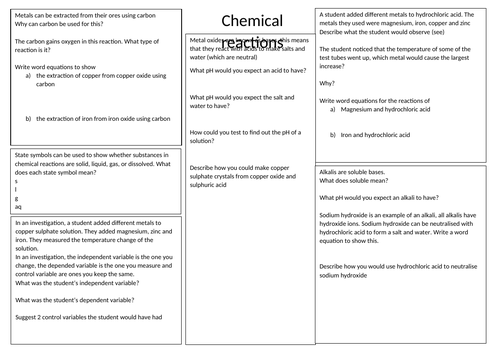 Chemical changes (acids and alkalis) revision sheet with answers