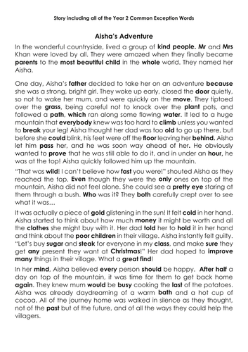 Story including all of the Year 2 Common Exception Words Reading Evidence TAF Support