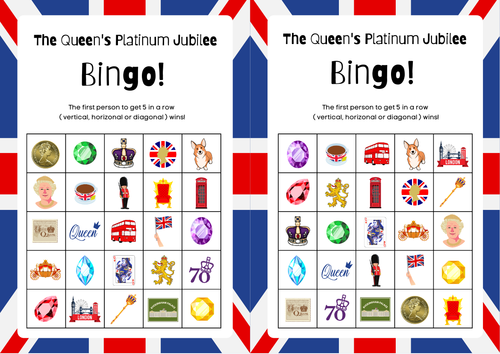 The Queen's Platinum Jubilee Bingo Game 7X Bingo Cards and 1 Grid Card. Fun Lesson Filler / Activity