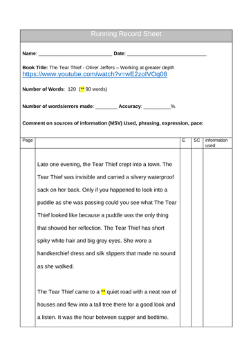 The Tear Thief Running Record Sheet 90 words per minute Year 2 Moderation Evidence Greater Depth Flu