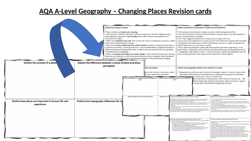 AQA A LEVEL GEOGRAPHY 2022 CHANGING PLACES REVISION CARDS - QUESTION AND ANSWER