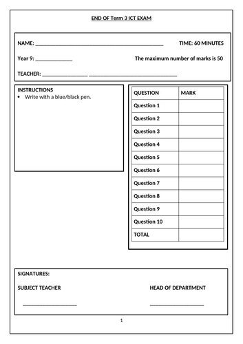 Binary and Hexadecimal numbers Exam for Year 9 and 10 with answer