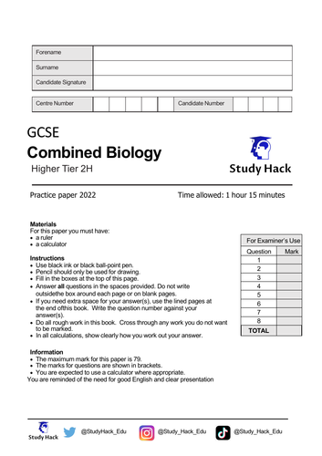 AQA Combined Science GCSE Biology 2022 PRACTICE PAPER 2H