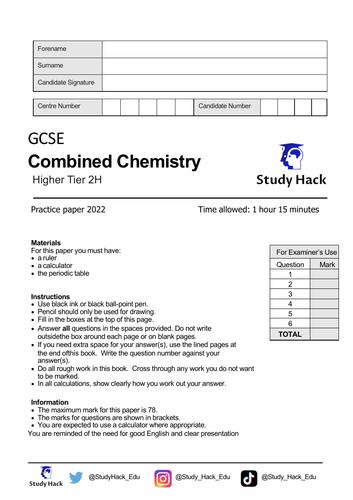 AQA Combined Science GCSE Chemistry 2022 – Practice Paper 2H