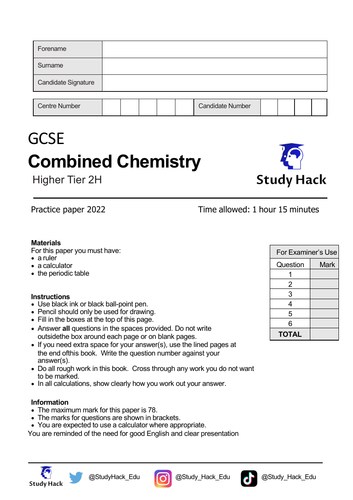 AQA Combined Science GCSE Chemistry 2022 PRACTICE PAPER 2H