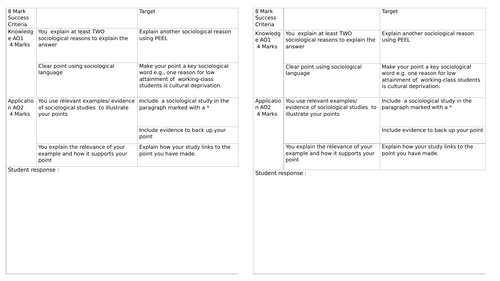 WJEC/ EDUQAS 8 mark question marking grid peer/teacher/ self assessment