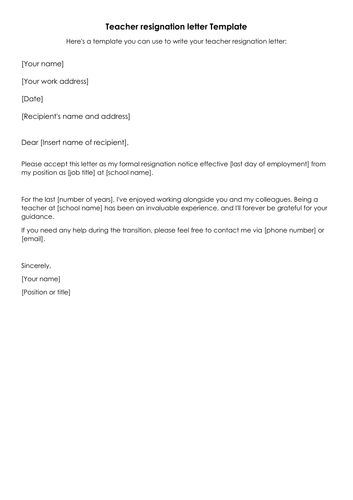Teacher resignation letter Template