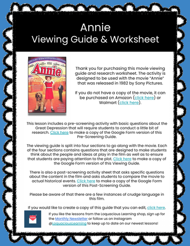 Annie (1982) Movie Viewing Guide & Worksheets (The Great Depression)