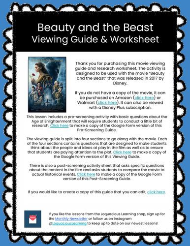 Beauty and the Beast Movie Viewing Guide & Worksheets (The Enlightenment)