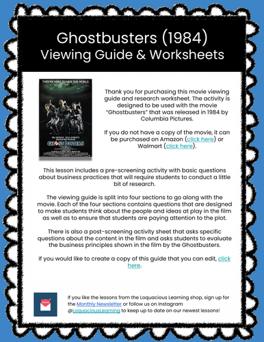 Ghostbusters (1984) Viewing Guide & Worksheets for Business and Entrepreneurship