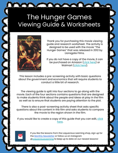 The Hunger Games Movie Viewing Guide & Worksheets (Government and Economics)