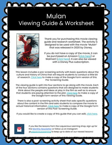Mulan (2020) Movie Viewing Guide & Worksheet (Chinese Culture and Geography)