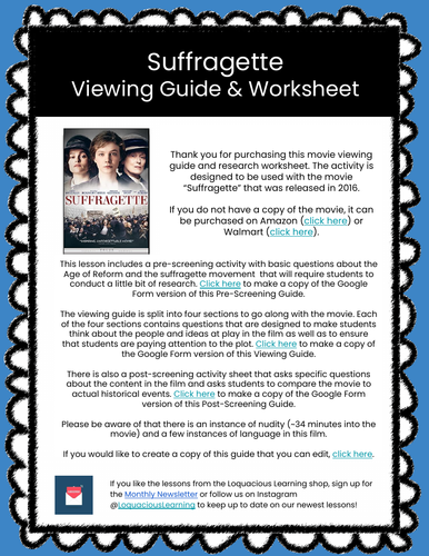 Suffragette Movie Viewing Guide & Worksheets (Age of Reform)