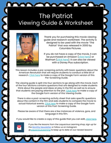The Patriot Viewing Guide & Worksheets (The American Revolution)
