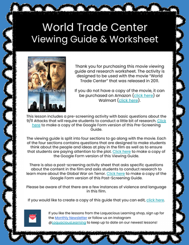 World Trade Center Movie Viewing Guide & Worksheets
