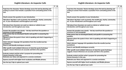 GCSE English Literature marking sheet