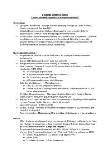 AQA A-level French L'auberge espagnole notes