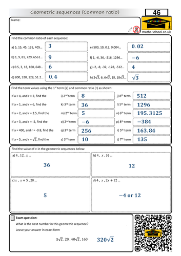 Geometric sequences for GCSE Maths - Worksheet and Answers