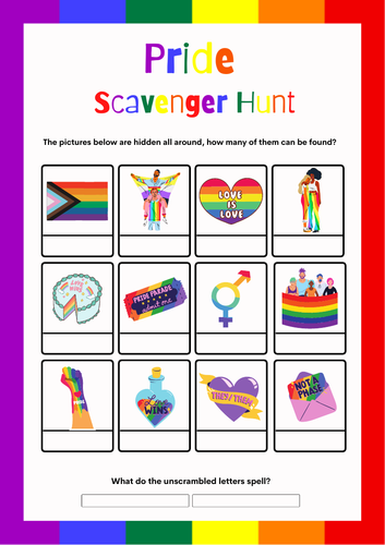 Pride Month Scavenger Hunt Game. LGBTQ+ Fun Find the Clue Game  -PSHE Life Skills