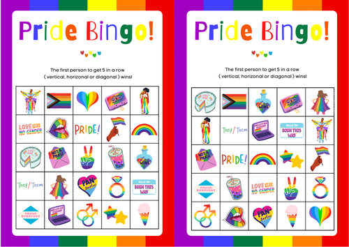 Pride Month Bingo 7X Game Cards & 1 Grid Card Game. Fun LGBTQ+ Awareness Game.