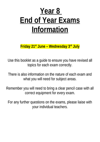 Year 7 and 8 exams revision booklets