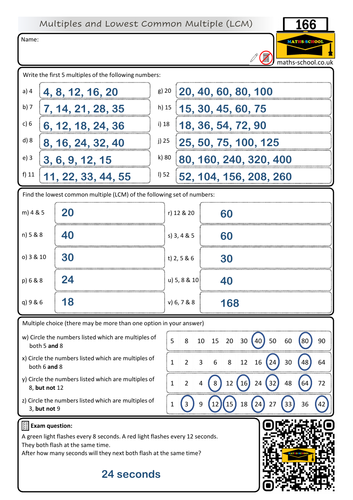 Multiples and Lowest Common Multiples - Worksheet and Answers