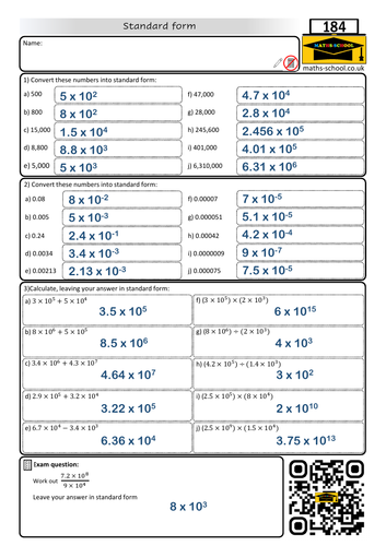 Standard form for GCSE Maths - Worksheet and Answers