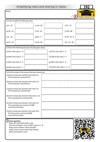 Simplifying ratio and sharing numbers into ratio - Worksheets and Answers