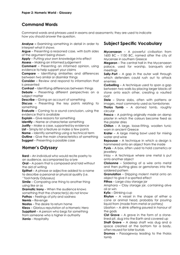 GCSE Classical Civilisations: Exam Command Words and Subject Specific Vocabulary (Homeric World)