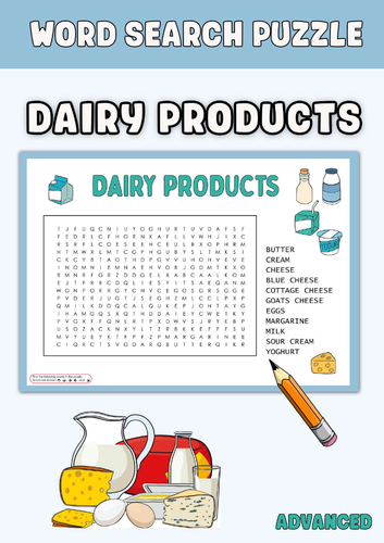 Dairy Products Word Search | Food Vocabulary Worksheet | ESL Printable Activity