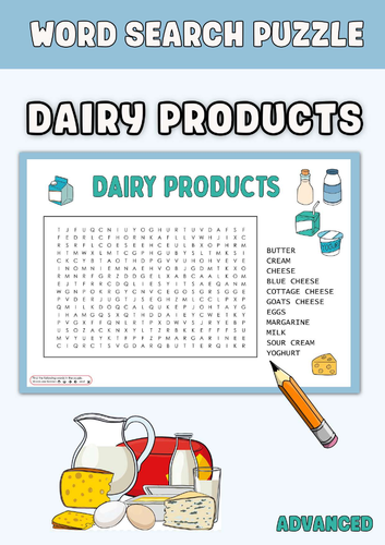 DAIRY PRODUCTS Word Search Puzzle Worksheet Activities
