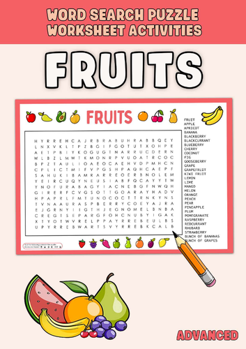 FRUITS Word Search Puzzle Worksheet Activities